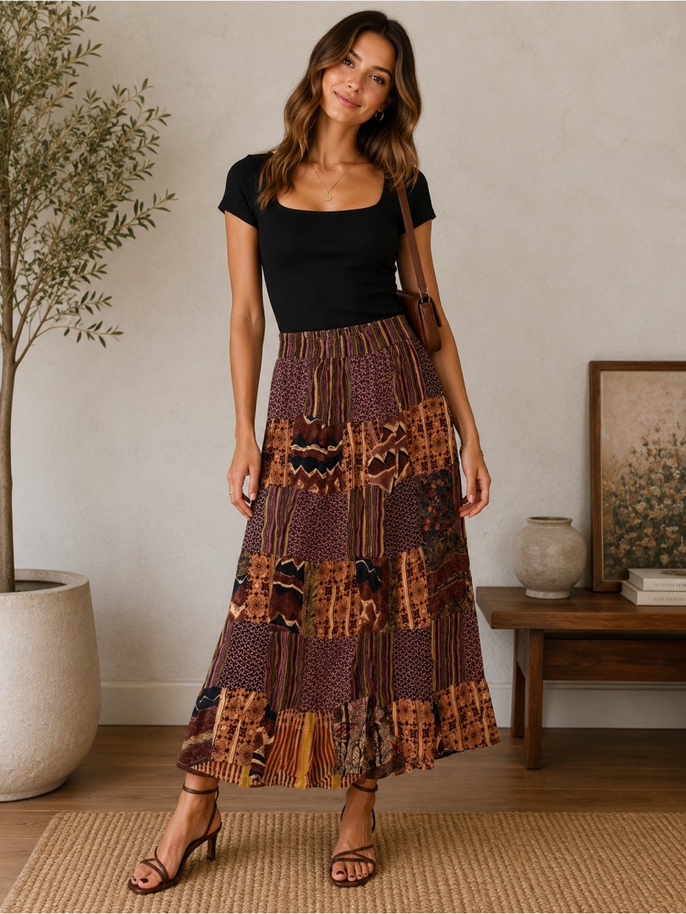 Boho Vintage Patchwork Maxi Skirt - Brown Multi